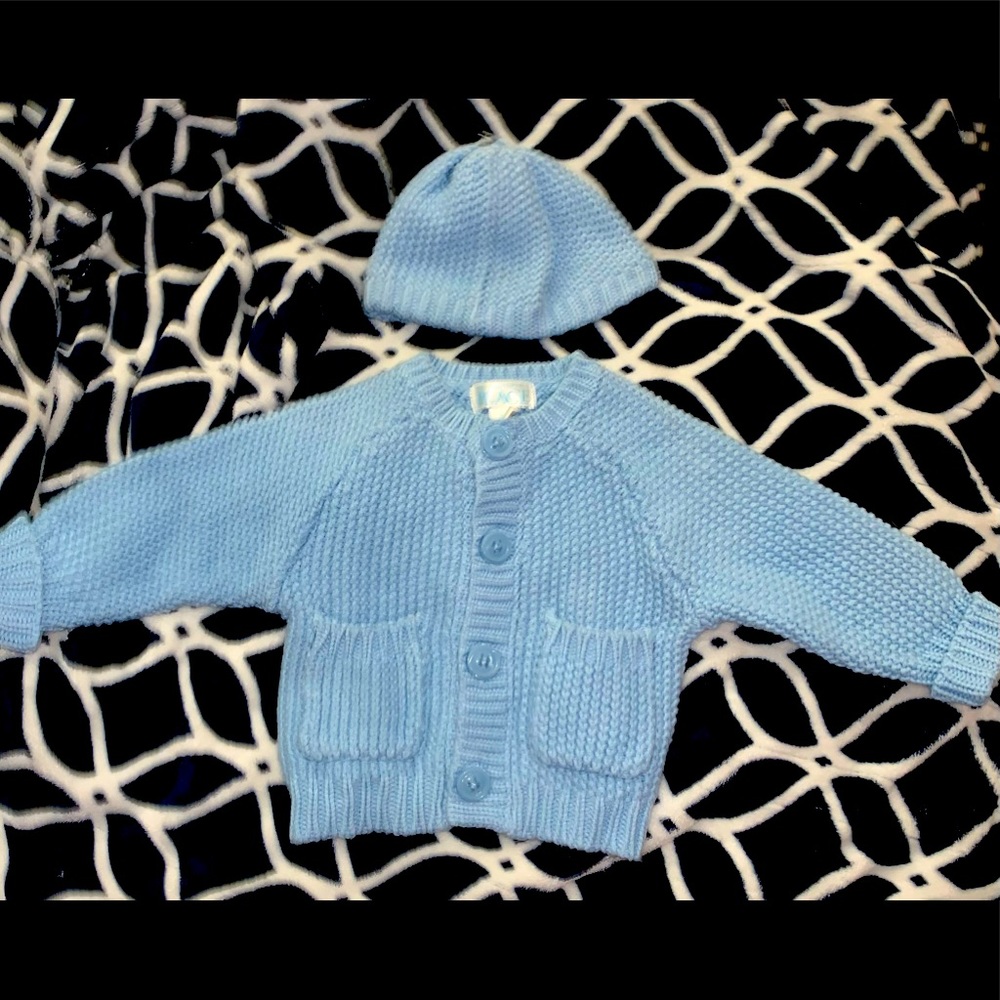 Precious 0-3mo Blue Button Up Sweater with Matching Hat - Brand New with Tags
